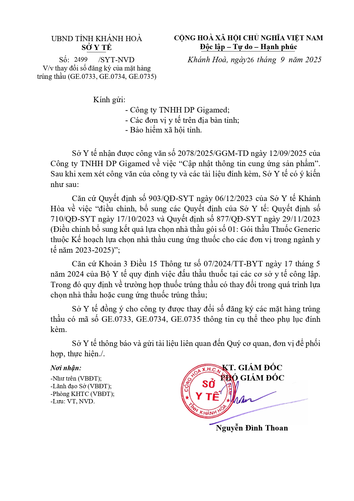 V/v thay đổi số đăng ký của mặt hàng trúng thầu (GE.0733, GE.0734, GE.0735)